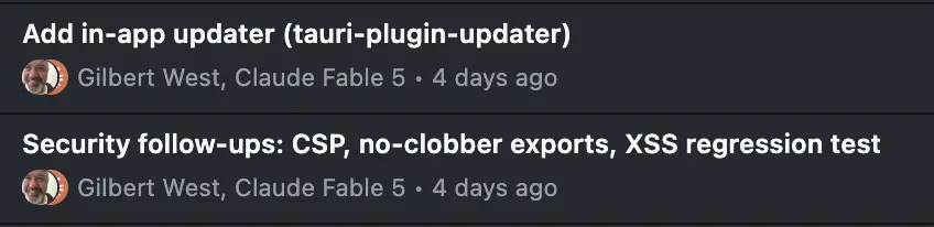 Git commits showing Fable 5 co-authoring